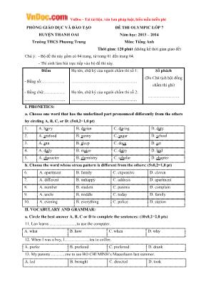 Đề thi olympic môn Tiếng Anh Lớp 7 - Năm học 2013-2014 - Trường THCS Phương Trung (Có đáp án)